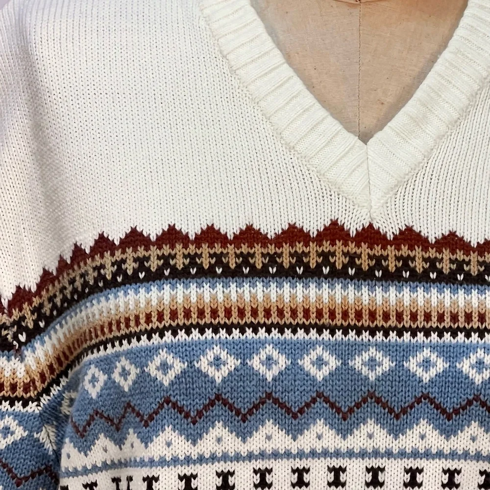 VINTAGE 70s 80s fair isle knit ski sweater v neck chenille earthy neutral unisex